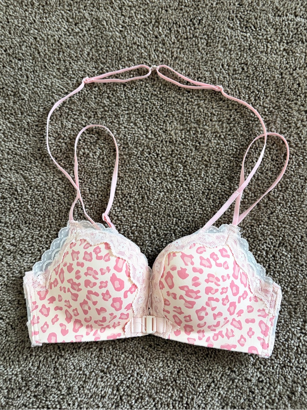 SHEIN Pink Leopard Print Lace-Trim Push-Up Bra